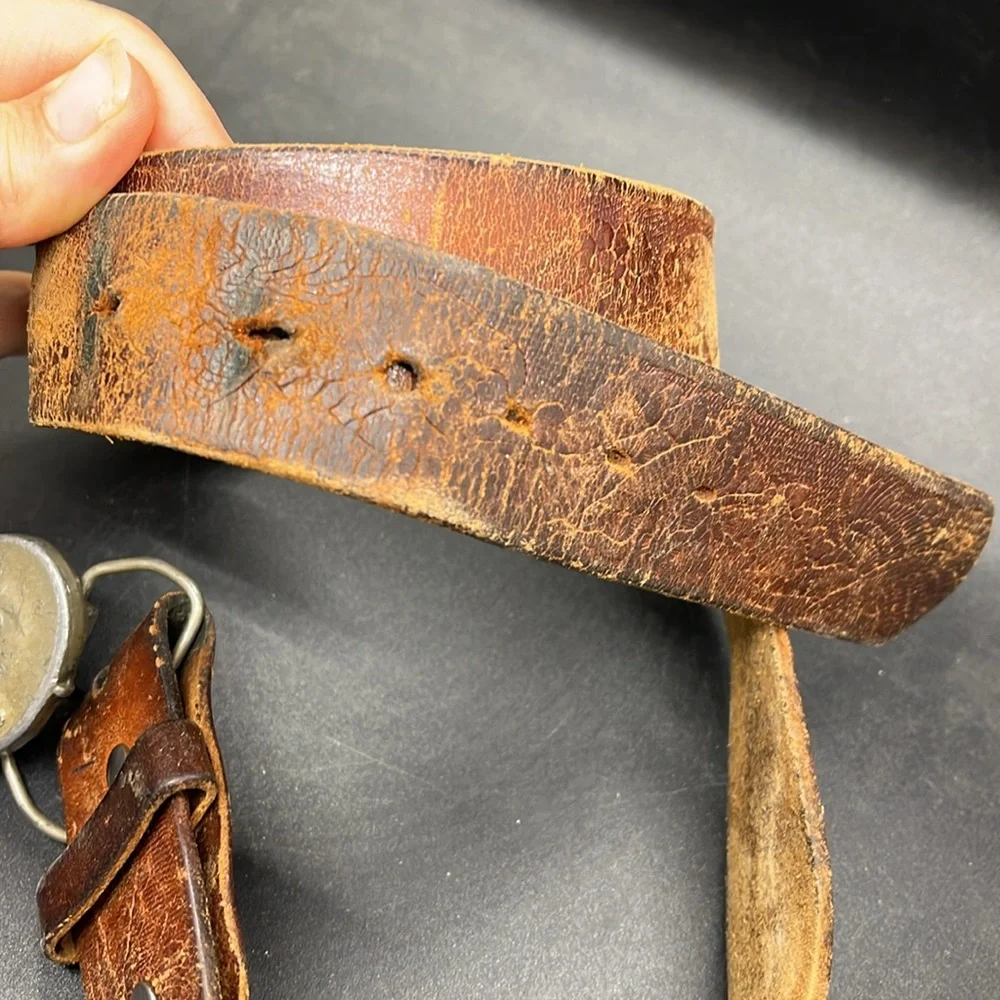 Vintage Brown Leather Men's Belt with Guitar Buckle